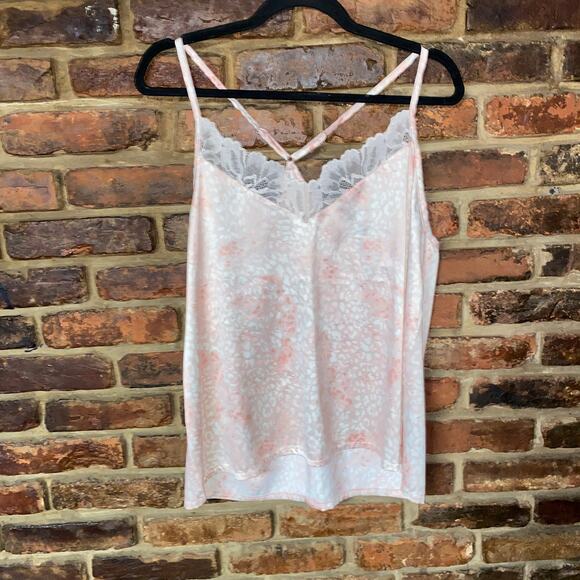 BCBGMaxAzria Tops - BCBGMaxAzria Y2k Pink Leopard Animal Satin Lace Trim Cami Tank Top Size Large